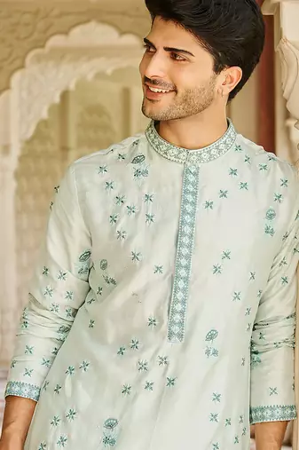 blue silk mens kurta set with floral embroidery