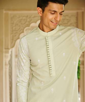 green silk mens kurta setwith embroidered placket design 2