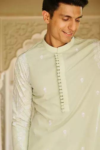 green silk mens kurta setwith embroidered placket design