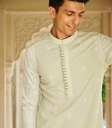 green silk mens kurta setwith embroidered placket design