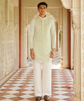 green silk mens kurta setwith embroidered placket design 1
