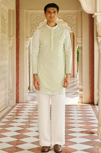 green silk mens kurta setwith embroidered placket design