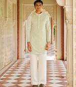 green silk mens kurta setwith embroidered placket design