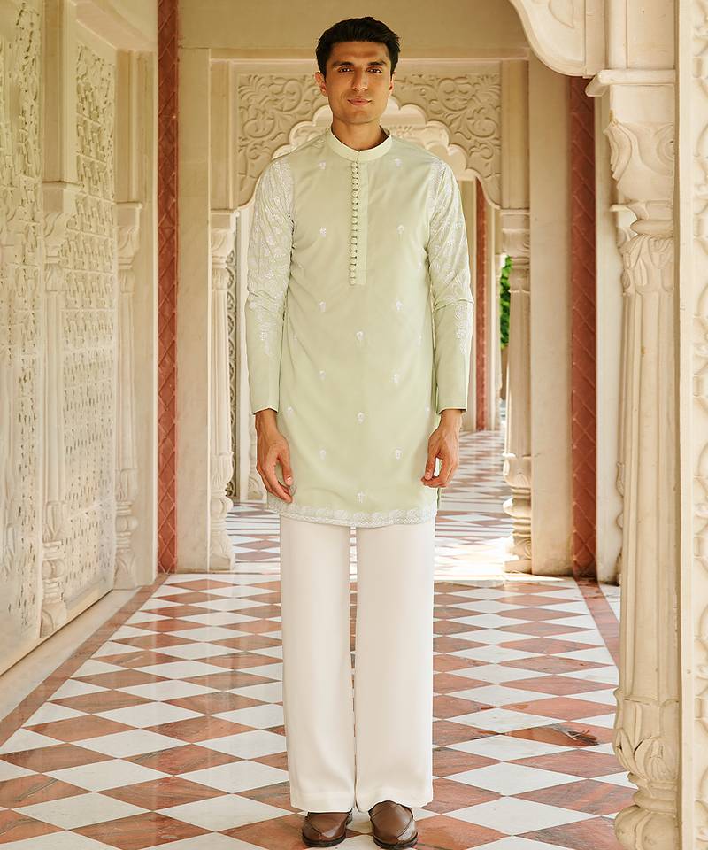 green silk mens kurta setwith embroidered placket design