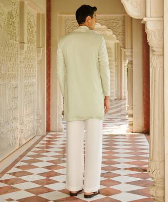 green silk mens kurta setwith embroidered placket design 3