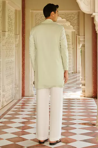 green silk mens kurta setwith embroidered placket design