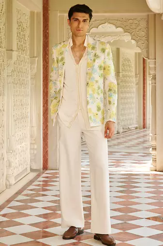 ivory cotton kurta jacket set with floral embroidery
