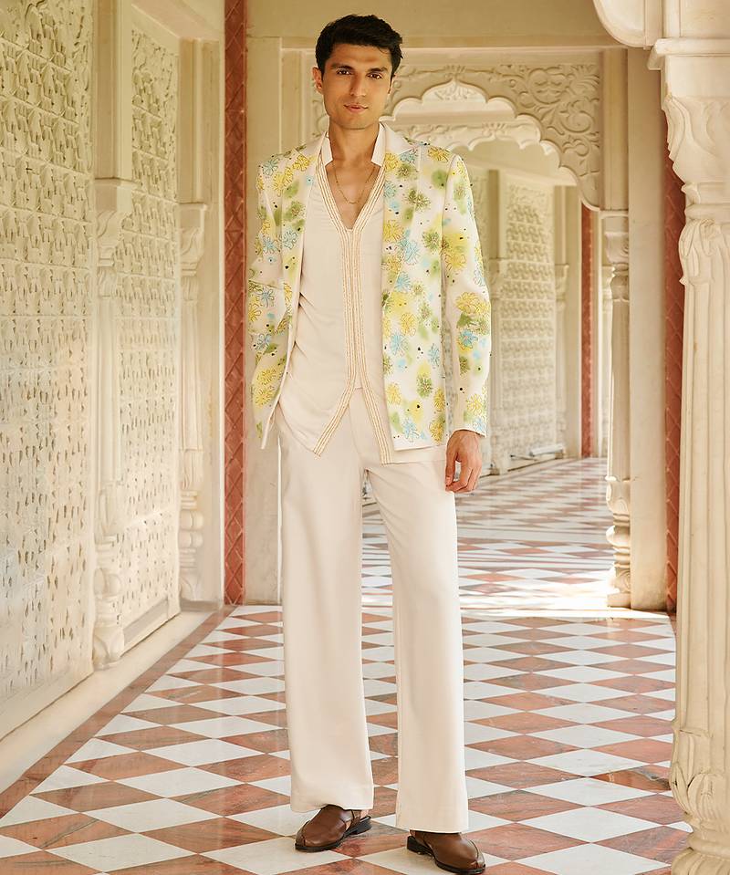 ivory cotton kurta jacket set with floral embroidery