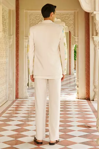 ivory cotton kurta jacket set with floral embroidery