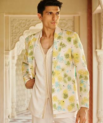 ivory cotton kurta jacket set with floral embroidery 3