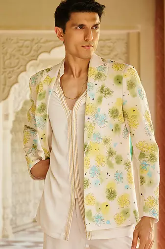 ivory cotton kurta jacket set with floral embroidery