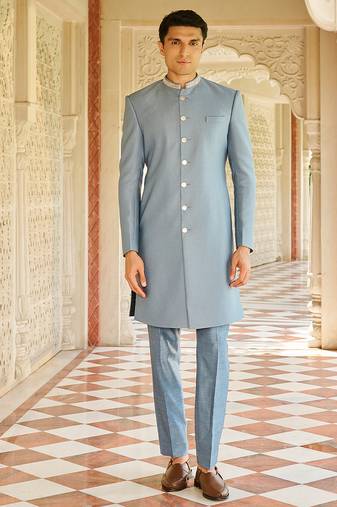 men’s denim blue plain jacquard silk sherwani for festive look