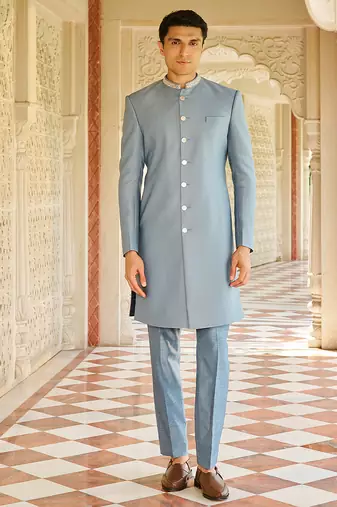 men’s denim blue plain jacquard silk sherwani for festive look