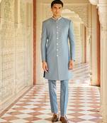 men’s denim blue plain jacquard silk sherwani for festive look