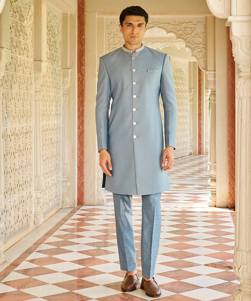 men’s denim blue plain jacquard silk sherwani for festive look