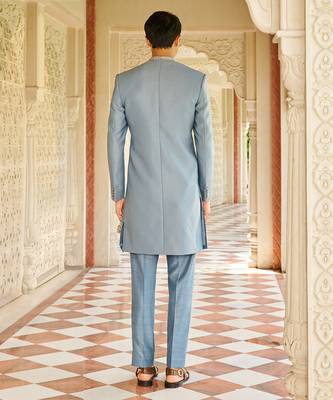 men’s denim blue plain jacquard silk sherwani for festive look 2