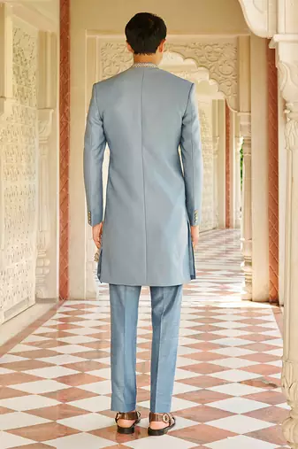 men’s denim blue plain jacquard silk sherwani for festive look