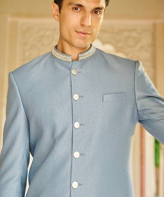 men’s denim blue plain jacquard silk sherwani for festive look 3