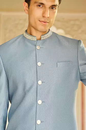 men’s denim blue plain jacquard silk sherwani for festive look