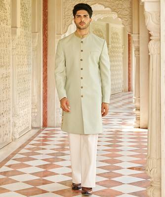 green jacquard silk sherwani with gold embroidered collar 1