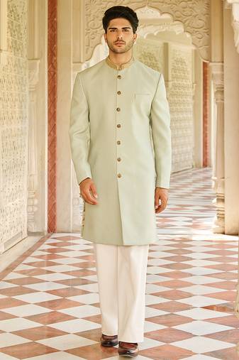 green jacquard silk sherwani with gold embroidered collar