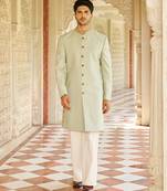 green jacquard silk sherwani with gold embroidered collar