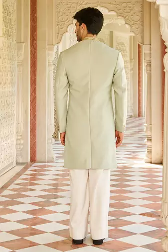 green jacquard silk sherwani with gold embroidered collar