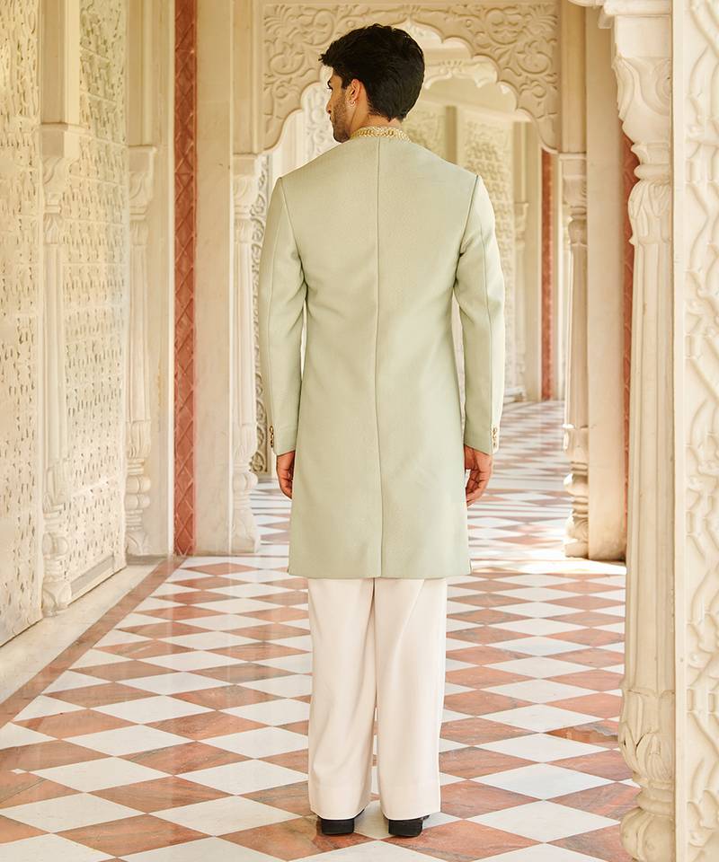 green jacquard silk sherwani with gold embroidered collar