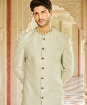 green jacquard silk sherwani with gold embroidered collar 3