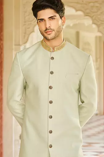 green jacquard silk sherwani with gold embroidered collar
