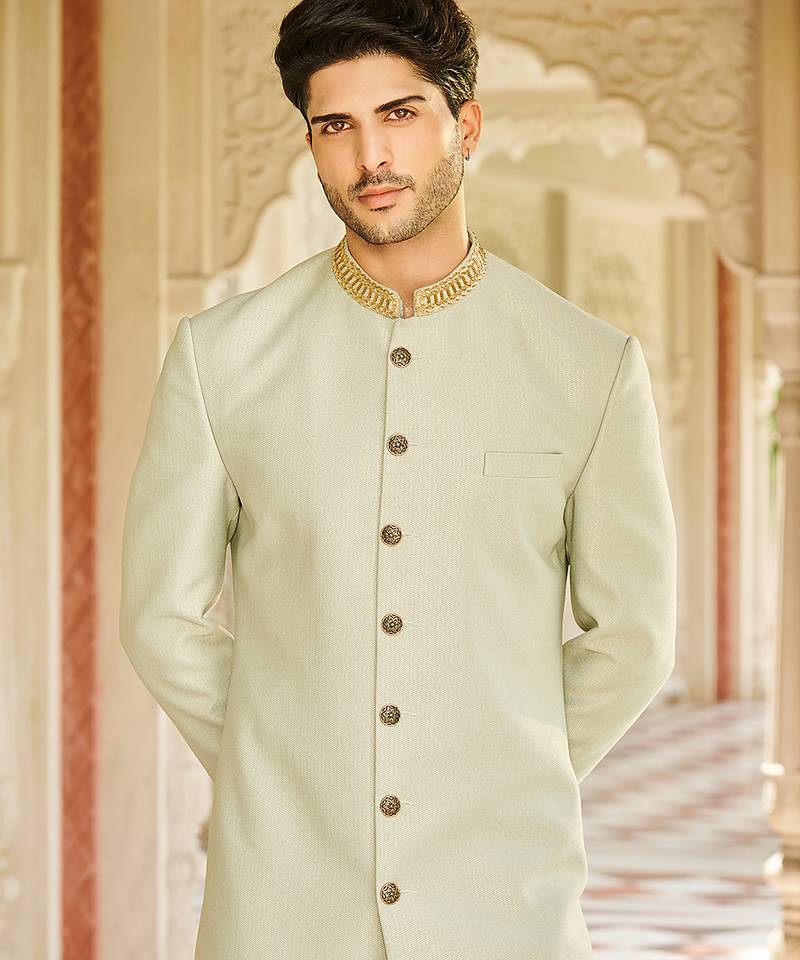 green jacquard silk sherwani with gold embroidered collar