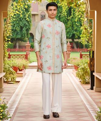 green jacquard silk kurta set with floral embroidered bandhgala 1