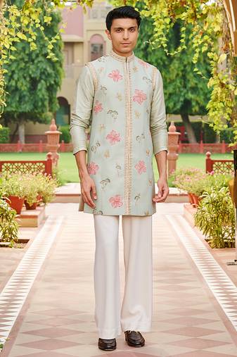 green jacquard silk kurta set with floral embroidered bandhgala
