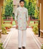 green jacquard silk kurta set with floral embroidered bandhgala