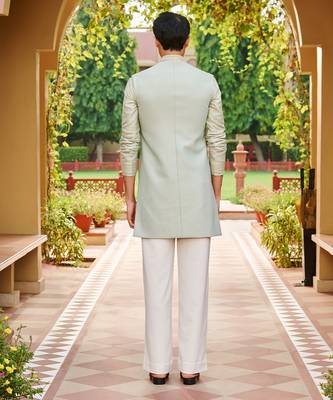 green jacquard silk kurta set with floral embroidered bandhgala 2