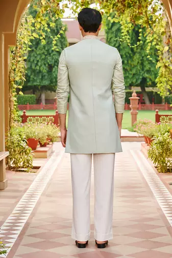 green jacquard silk kurta set with floral embroidered bandhgala