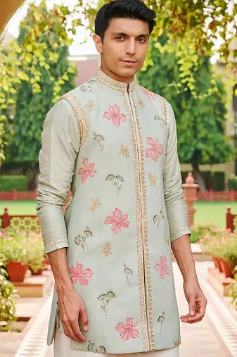 green jacquard silk kurta set with floral embroidered bandhgala