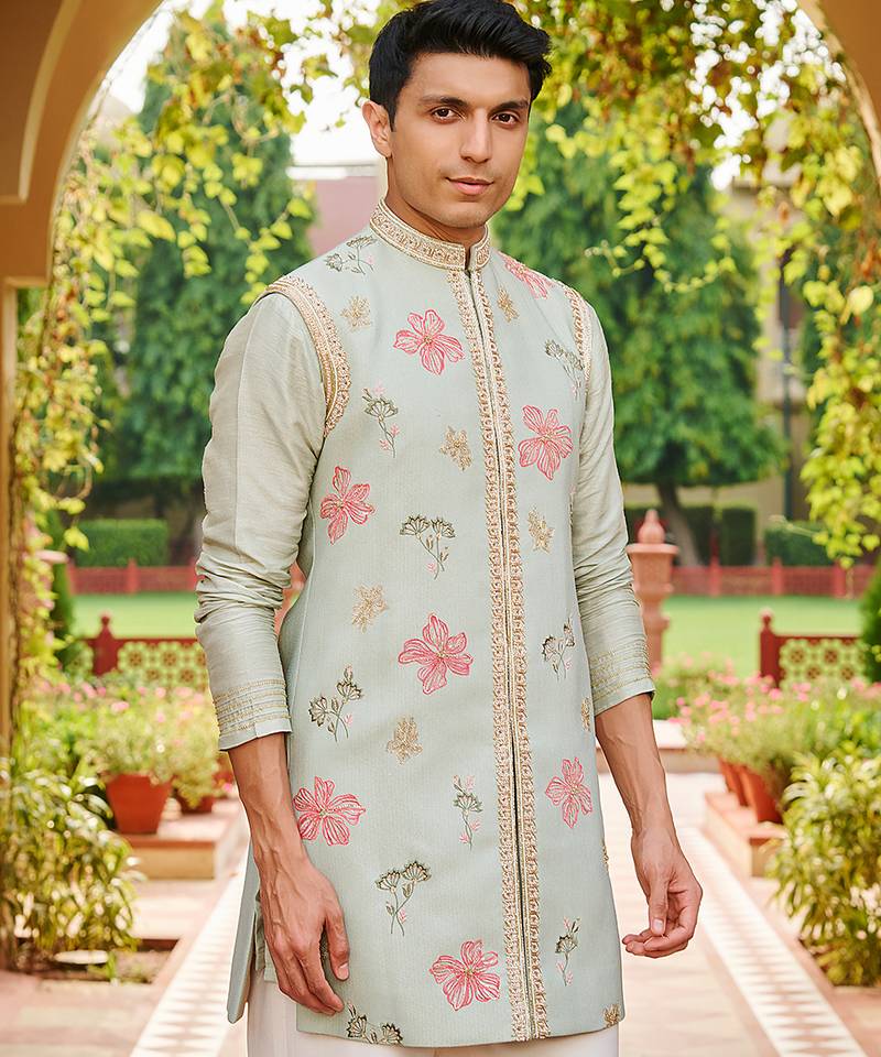 green jacquard silk kurta set with floral embroidered bandhgala