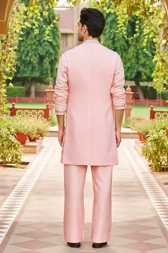 pink silk kurta set with embroidered bandhgala