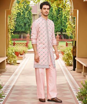 pink silk kurta set with embroidered bandhgala 1