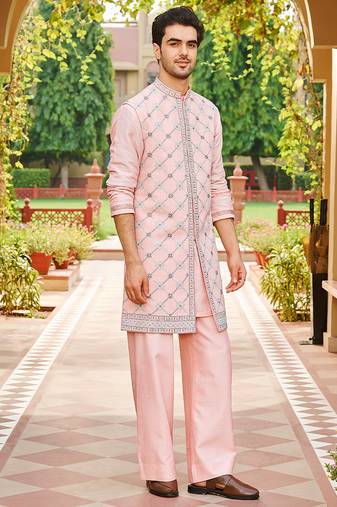 pink silk kurta set with embroidered bandhgala