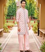 pink silk kurta set with embroidered bandhgala
