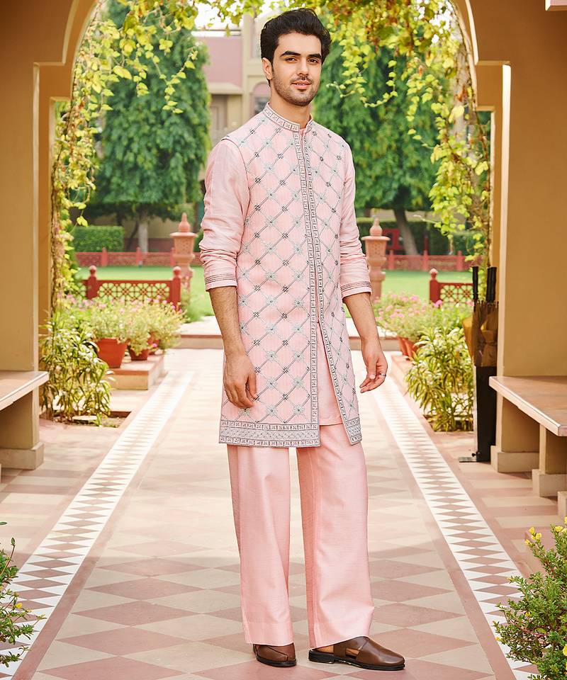 pink silk kurta set with embroidered bandhgala