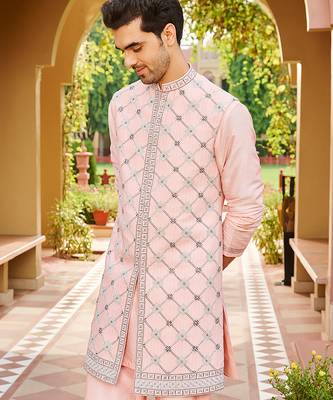 pink silk kurta set with embroidered bandhgala 3