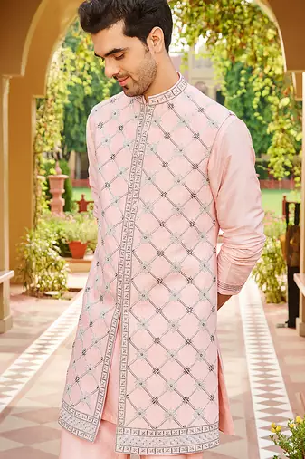 pink silk kurta set with embroidered bandhgala