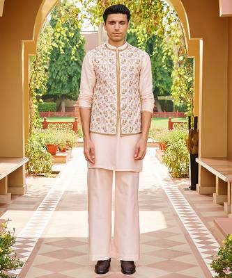 pink raw silk kurta set with embroidered nehru jacket 1