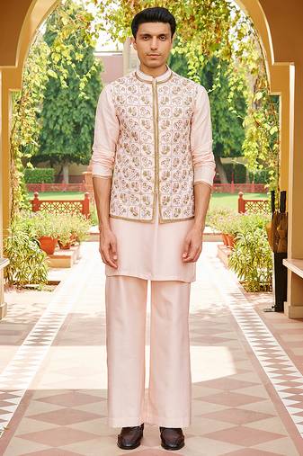 pink raw silk kurta set with embroidered nehru jacket