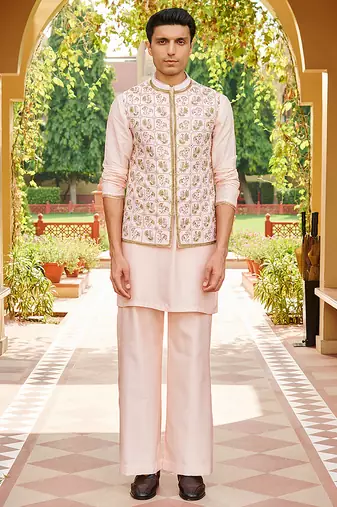 pink raw silk kurta set with embroidered nehru jacket