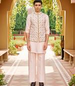 pink raw silk kurta set with embroidered nehru jacket