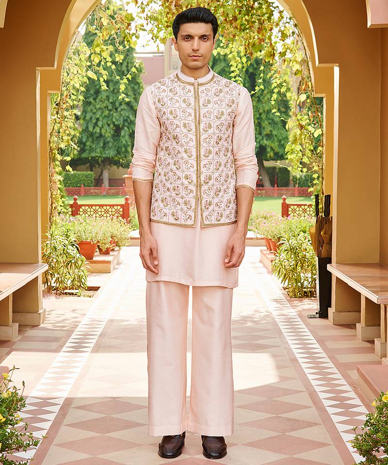 pink raw silk kurta set with embroidered nehru jacket